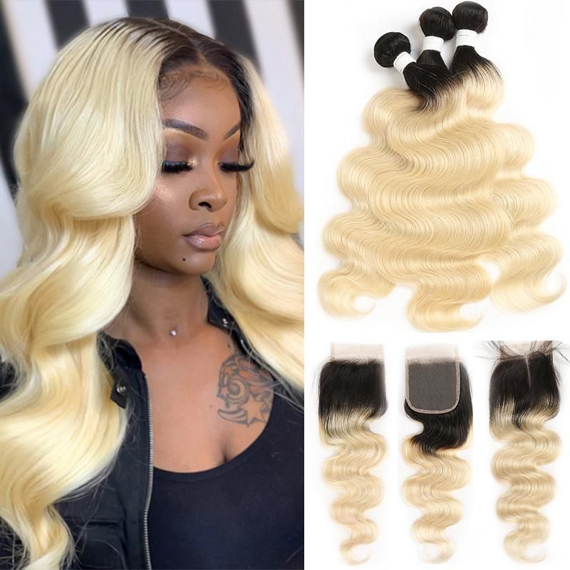Remy Blonde Color with Dark Roots Hair Body Wave 2 3 4 Bundles with 4X4 Lace Closure Brazilian Human Blonde 1b 613 Hair Honey Blonde Ombre Bundles with Closure