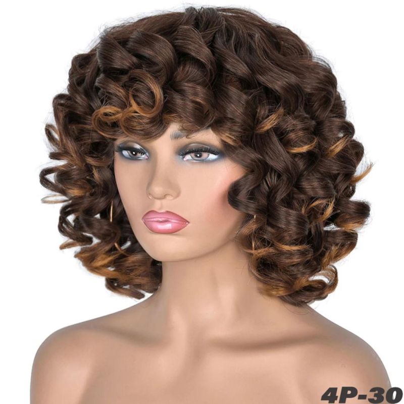 Super Short Hair Brazilian Human Hair Afro Curly Wig with Bangs Loose Fluffy Shoulder Length Natural Lace Front Wigs for Black Women 14 Inches