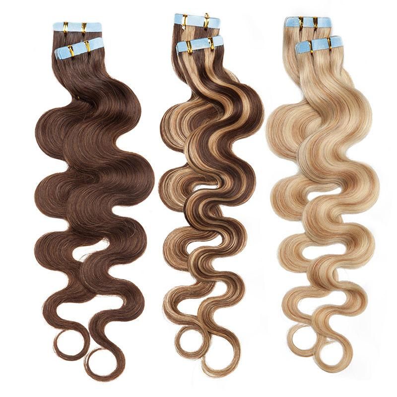 12"-24" 2.5g/PC Remy Human Hair Body Wave Tape in Hair Extensions Adhesive Seamless Hair Weft Blonde Hair 20PC (#6 Light Brown)