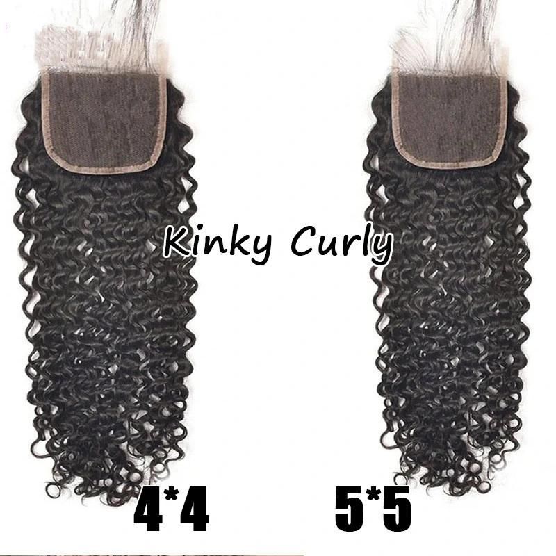 Hair Extensions 4*4 5*5 Closure 10A Kinky Curly Human Hair Natural Color 100g Virgin Remy Human Hair Bundle with Double Drawn 22"