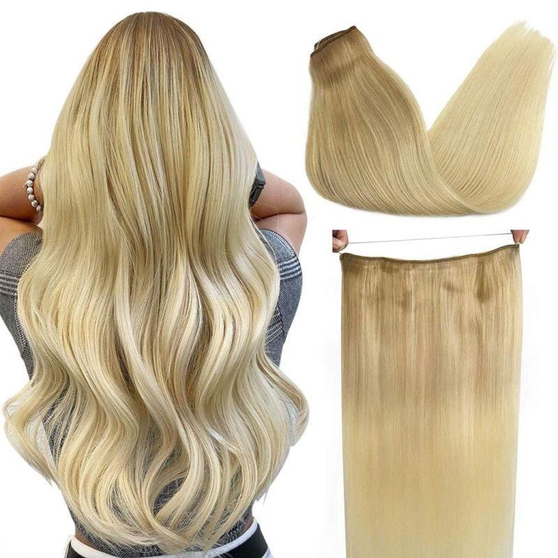 Human Hair Extensions Ash Blonde to Golden Blonde Mixed Platinum Blonde 14 Inch in Straight Hidden Crown Extension with Transparent Fish Line Invisible Hairpece