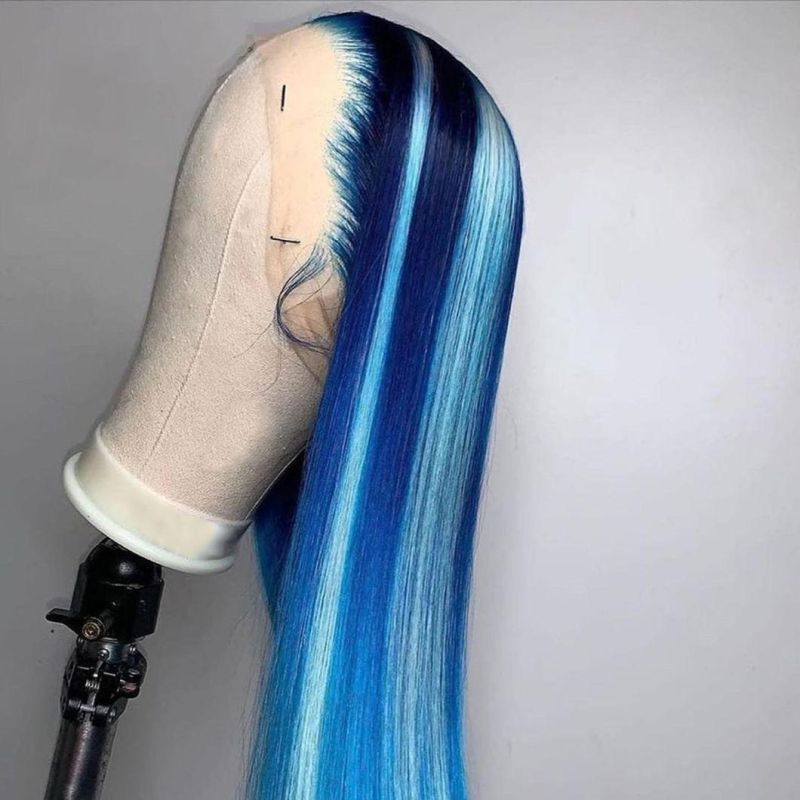 Blue Straight Wig Highlight Wig Human Hair Colored Brazilian Human Hair Wigs Lace Front Wig Transparent HD Lace Frontal Wigs 20 Inches for Women 150%