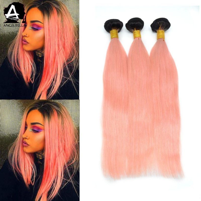 Angelbella Top Quality Remy Human Hair 1b#-Pink Hair Weaving Bundles