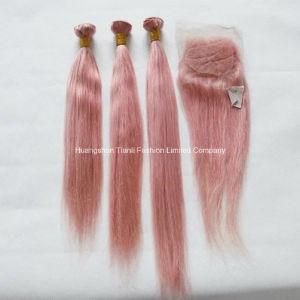 26&quot; Non-Remy Human Hair Weft Silk Straight Hair Closure #Pink Hair