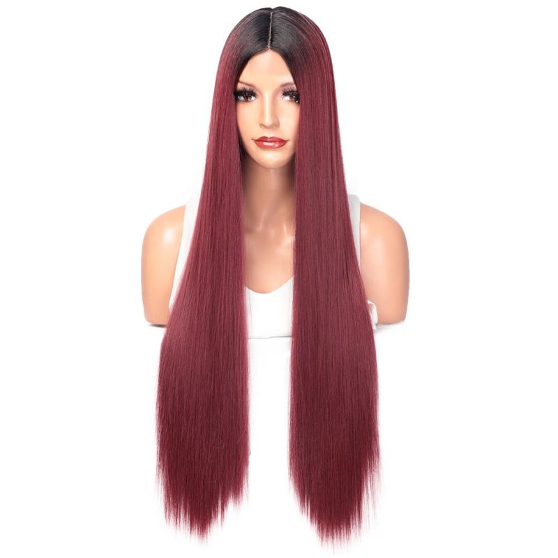 28inch Long Straight Ombre Wine Red Dark Root Wig Middle Part Lace Synthetic Wigs