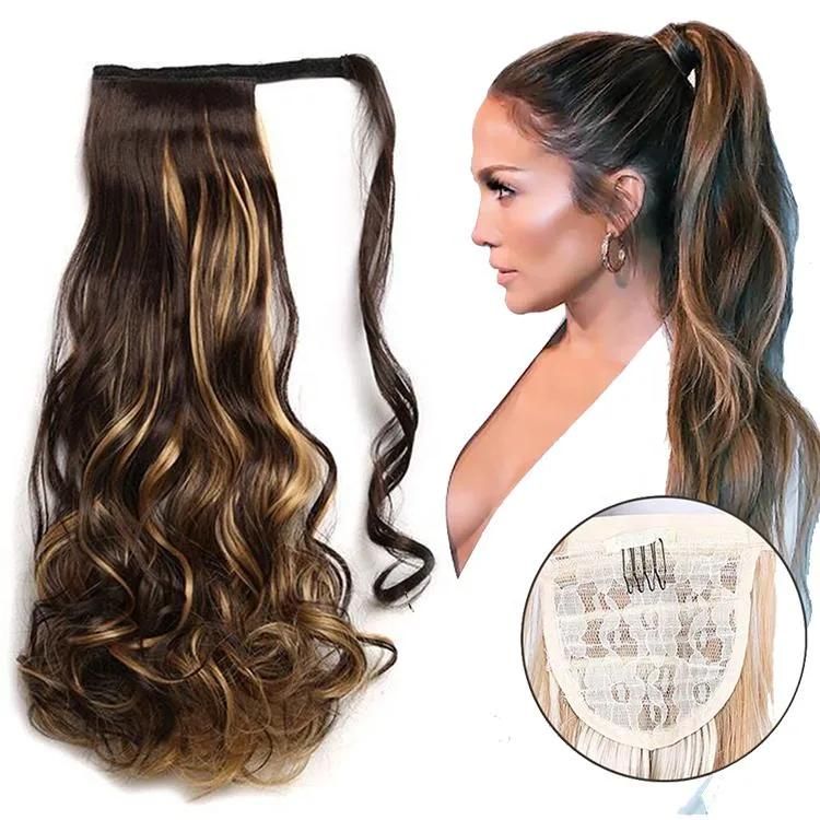 Kbeth Body Wave 20inches 120g High Temperature Resistance Fiber Ponytail Hair Extensions, Custom Brown Ombre Color Synthetic Hair Ponytails Good Quality