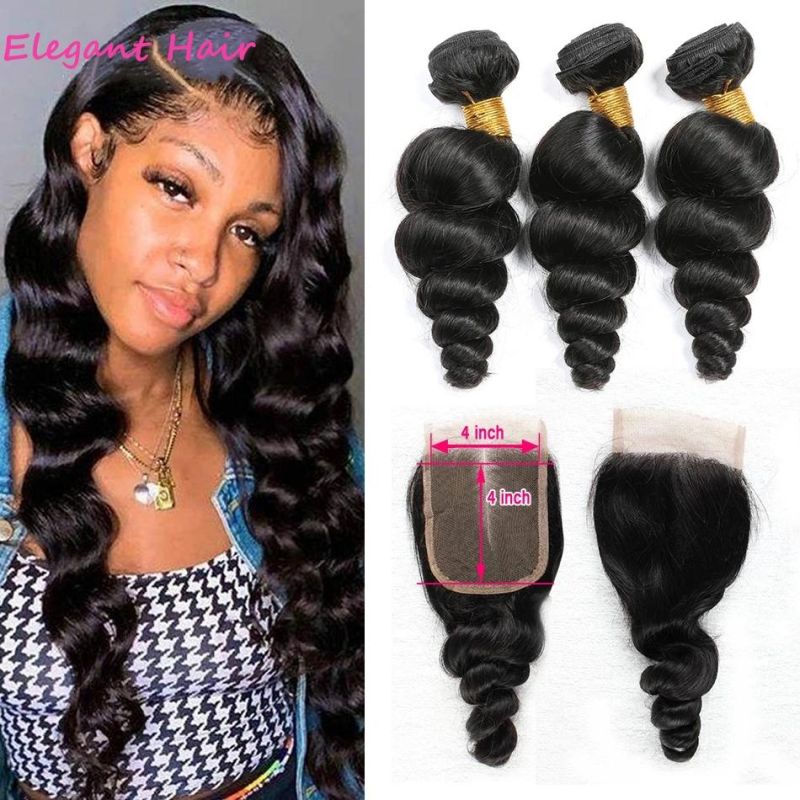 Human Hair Loose Wave Bundles with Closure Brazilian Hair Weave Bundles with Swiss HD Transparent Lace Closure with Bundles with Frontal Natural Black