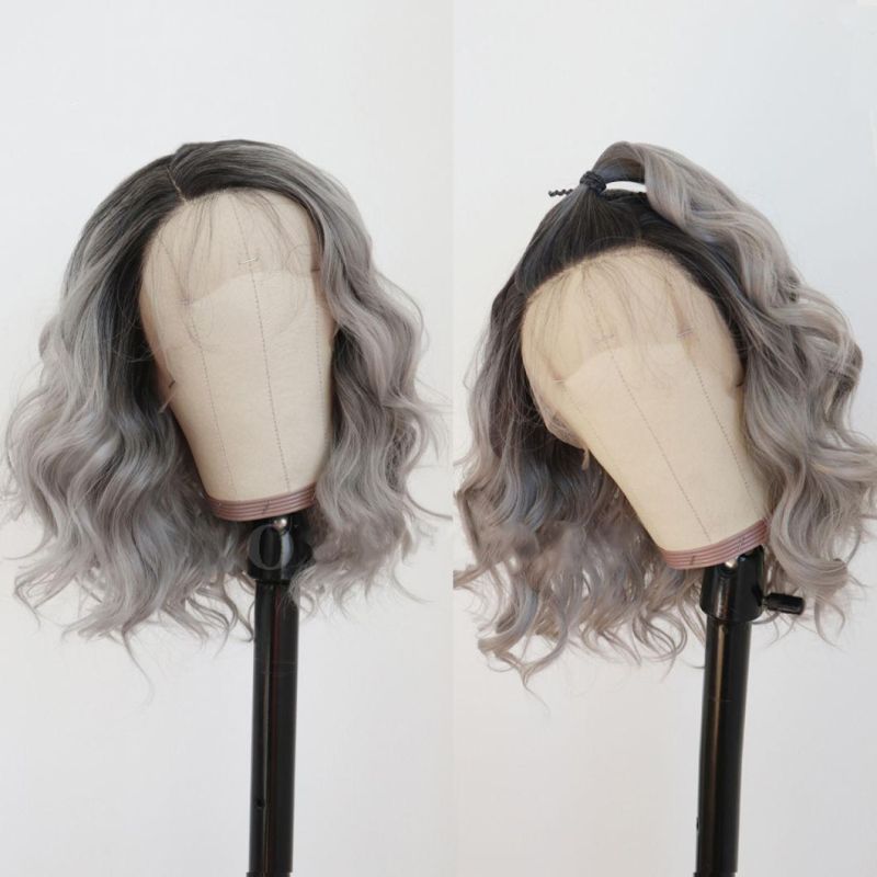 Short Bob Ombre Glueless Lace Front Wigs 1b/Gray Wavy Style Heat Resistant Fiber Synthetic Hair Wig