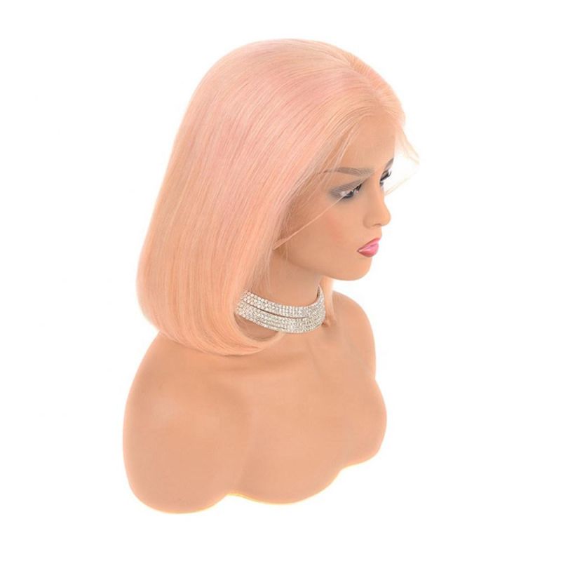 Natural Human Hair Wigs Lace Frontal Pink Color Short Wig
