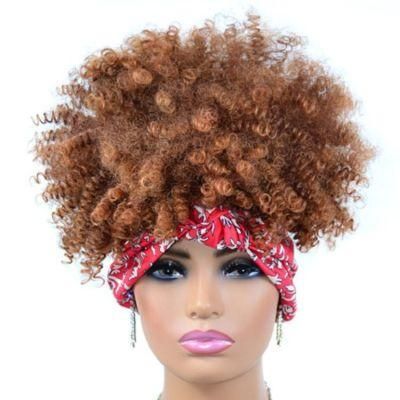 Short Afro Kinky Curly Synthetic Wigs Headband Wrap Around Wigs Drawstring Adjustable Explosive Headgear Wigs with Headscarf for African Women