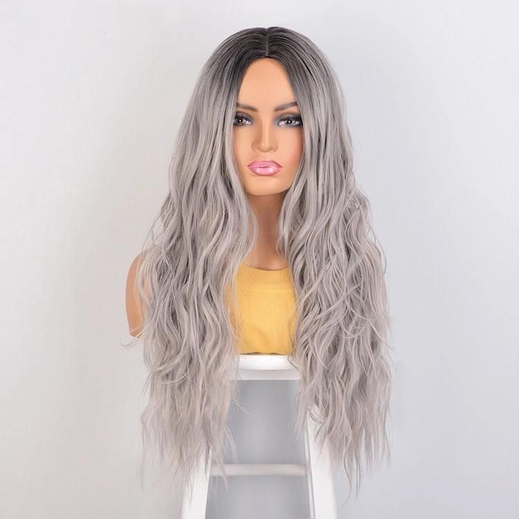 Heat Resistant Synthetic Fiber Cosplay Curly Long Wavy Ombre Gray Body Wave Hair Wigs