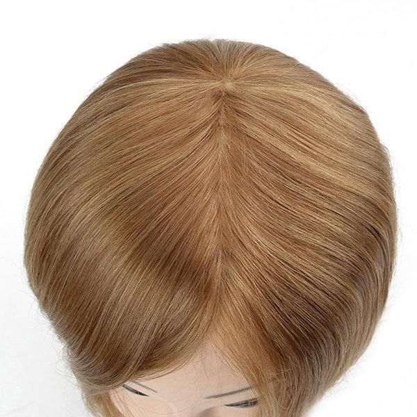 Blond Hair Silk Top with Machine Wefts Back Human Hair Toupee for Women