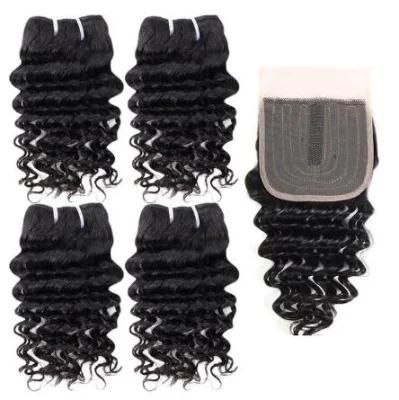 8-14inch Length Pack Deal Deep Wave Curly Human Hair Weave with Closure