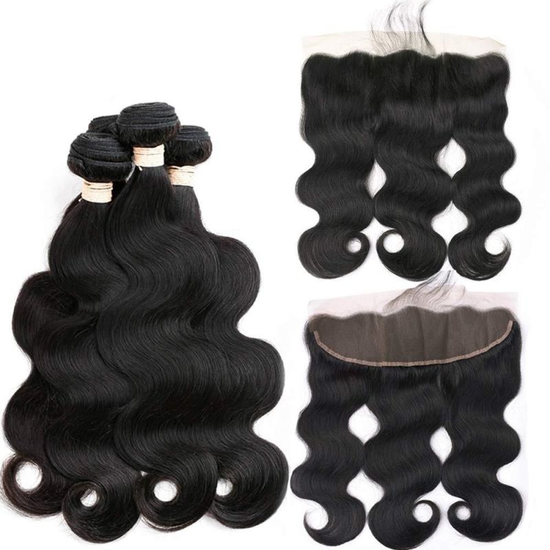 12 14 16 +12 Inch 13X4 Lace Frontal Closure with Bundles Brazilianvirgin Body Wave 3 Bundles with Frontal Natural Color 100% Unprcessed Human Hair Extension