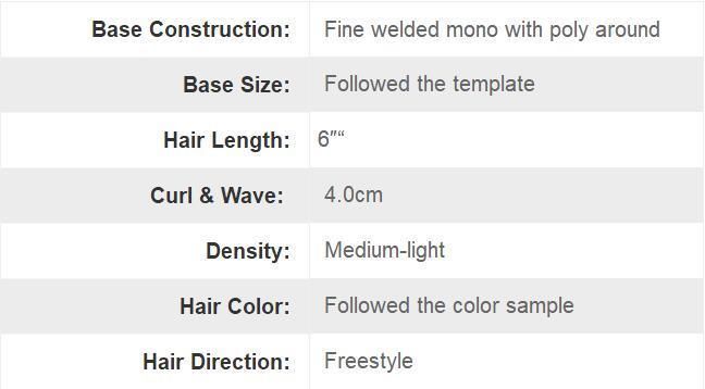 Men′s Real Human Hair Fine Mono Toupee Wig