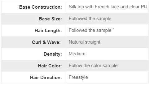 Custom Ladies PU and Lace Base Real Human Hair Silk Top Women Hair Systems