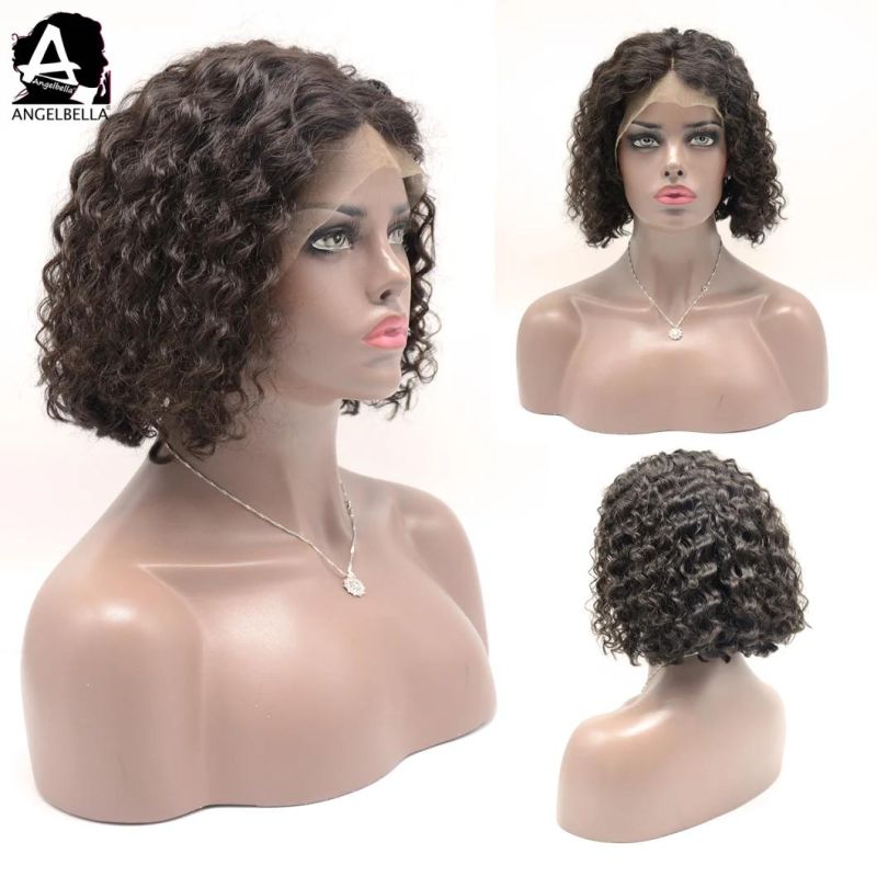 Angelbella Short Curly Human Hair Front Lace Wig Middle Part 180% Density Bouncy Lace Wigs