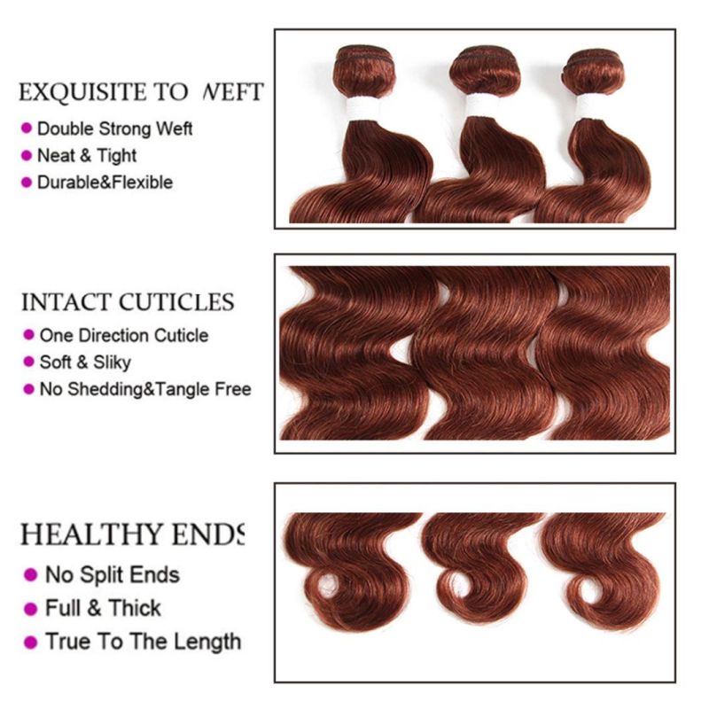 Brazilian Human Hair Bundles with Frontal Lace Auburn Brown Body Wave Non-Remy 100% Human Hair Weaves Bundle with Closure