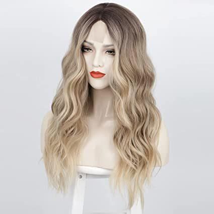 Long Wavy Wig Ombre Blonde Wigs for Women Synthetic Curly Hair Wigs Middle Part Heat Resistant Fibre for Daily Party Use