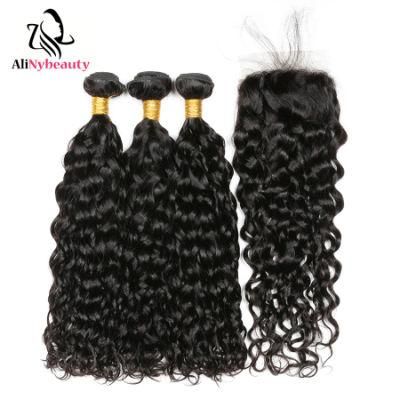 Alinybeauty Water Wave Brazilian Human Hair Bundles with Lace Closure