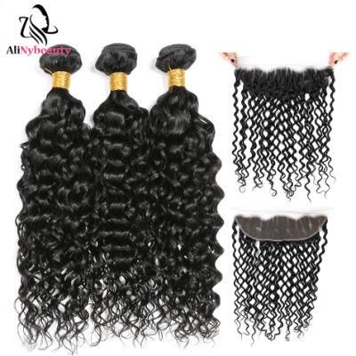 Virgin Human Hair Water Wave Bundles with Brazilian Lace Frontal Closure