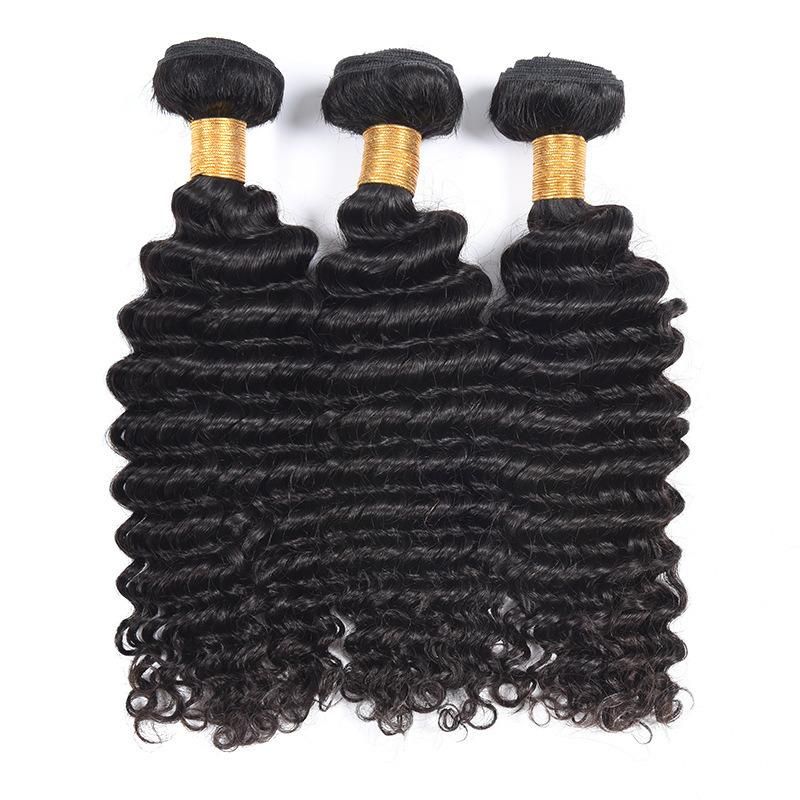 Brazilian Human Hair 4*4 Swiss Lace Closure Hair Bundles, Deep Wave Hair Extension, Double Drawn or Weft Human Hair 3 Bundles with a Closure