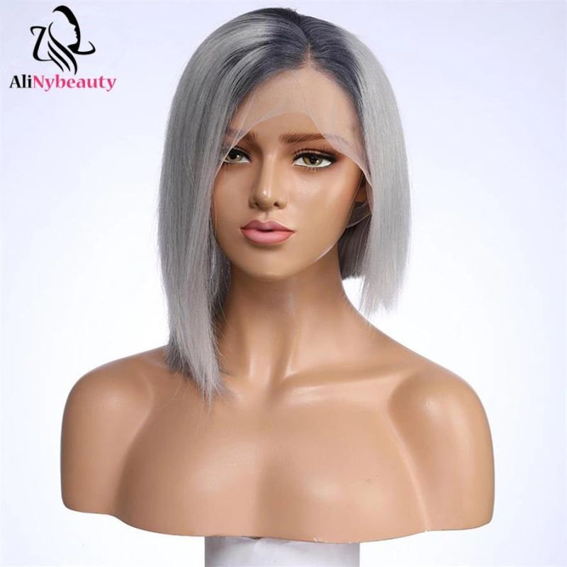 Human Hair Bob Wig 1b Grey Bob Lace Front Wig