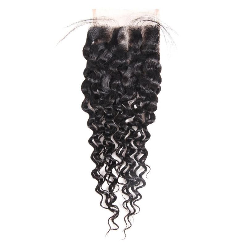 7A Virgin 4*4 Non-Remy Lace Frontal Closure Deep Wavy Free Part Hair Weave #Black