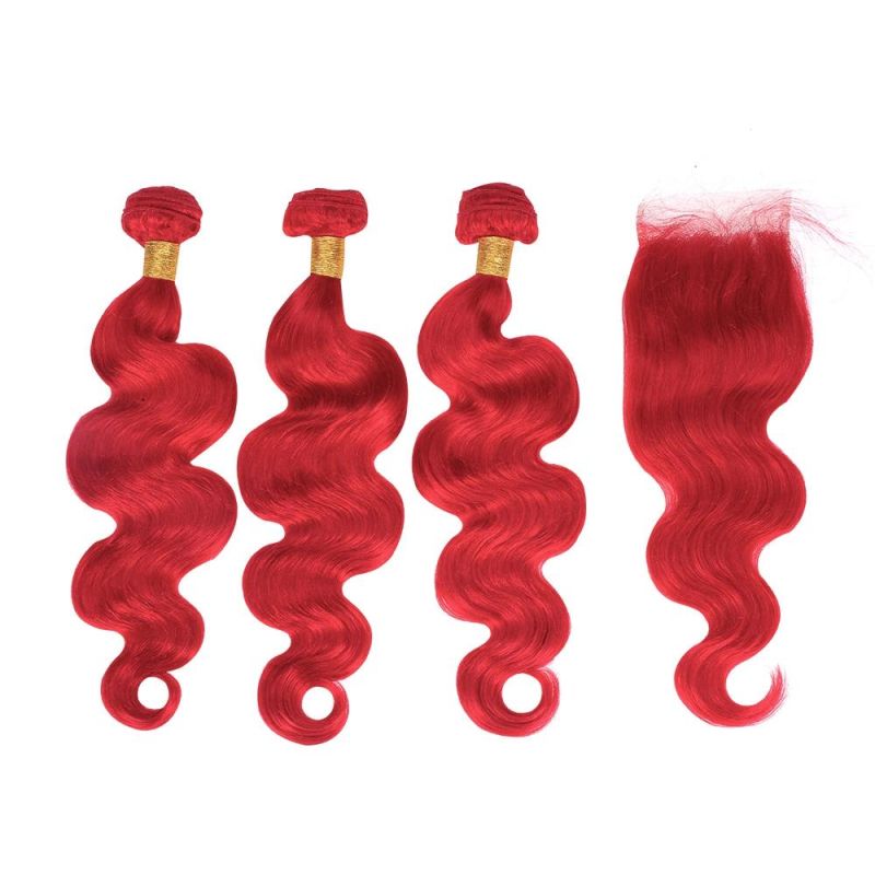 Kbeth Red Human Hair Weft for Black Women 100% Real Hair 16 Inch Length Two Tone Body Wave Bundle with 4*4 HD Lace Closure Pink Color Remy Hair Extension