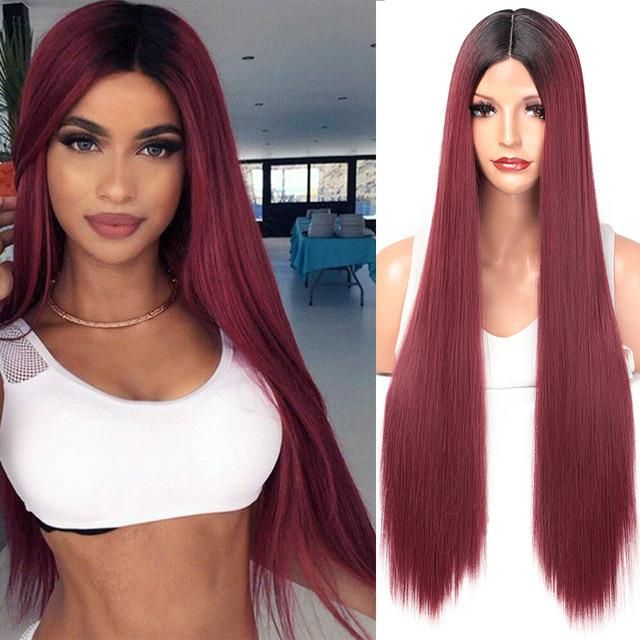 28inch Long Straight Ombre Wine Red Dark Root Wig Middle Part Lace Synthetic Wigs