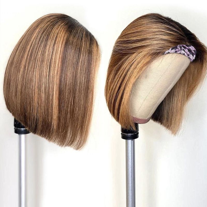 Highlight Wig Human Hair Brazilian Straight Headband Wigs Soft Bone Straight Bob Wig Brown Colored Human Hair Wigs for Women 12 Inches