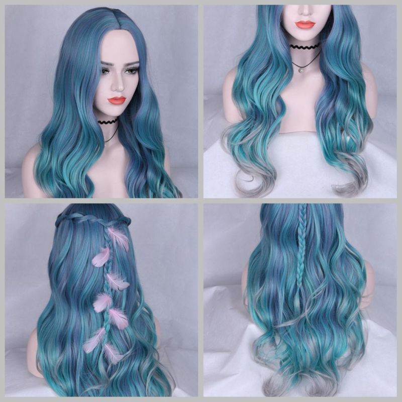 Mixed Violet Blue Green Light Gray Color Heat Resistant Fiber Long Wavy Synthetic Wigs for Women Middle Part Wig 28 Inches