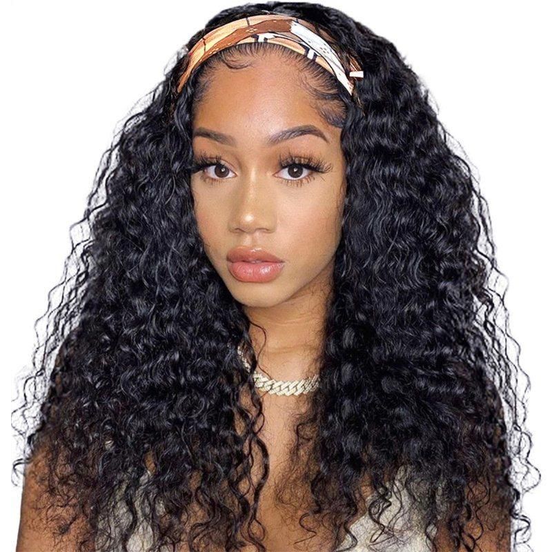 Headband Kinky Curly Wig Human Hair Full Machine Made Non-Lace Wig