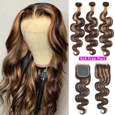 Highlight Colored Brazilian Ombre Hair Bundles with Closure P4/30 Remy Body Wave Human Hair Bundles with Closure 28 Inches