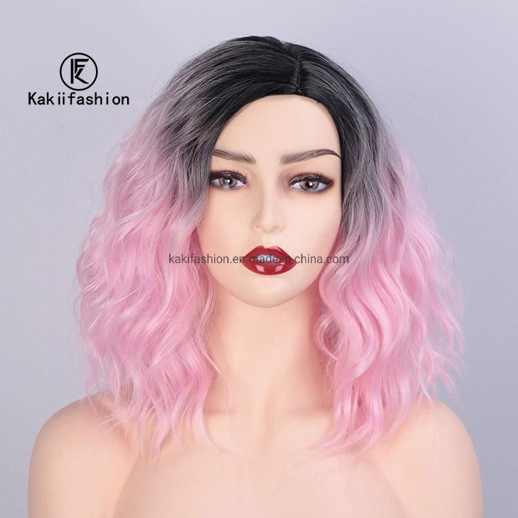 Kakiifashion Hair 14 Inch Vendor Cheap Wholesale Cosplay Curly Water Wave Ombre Pink for Black Women Synthetic Hair Wigs