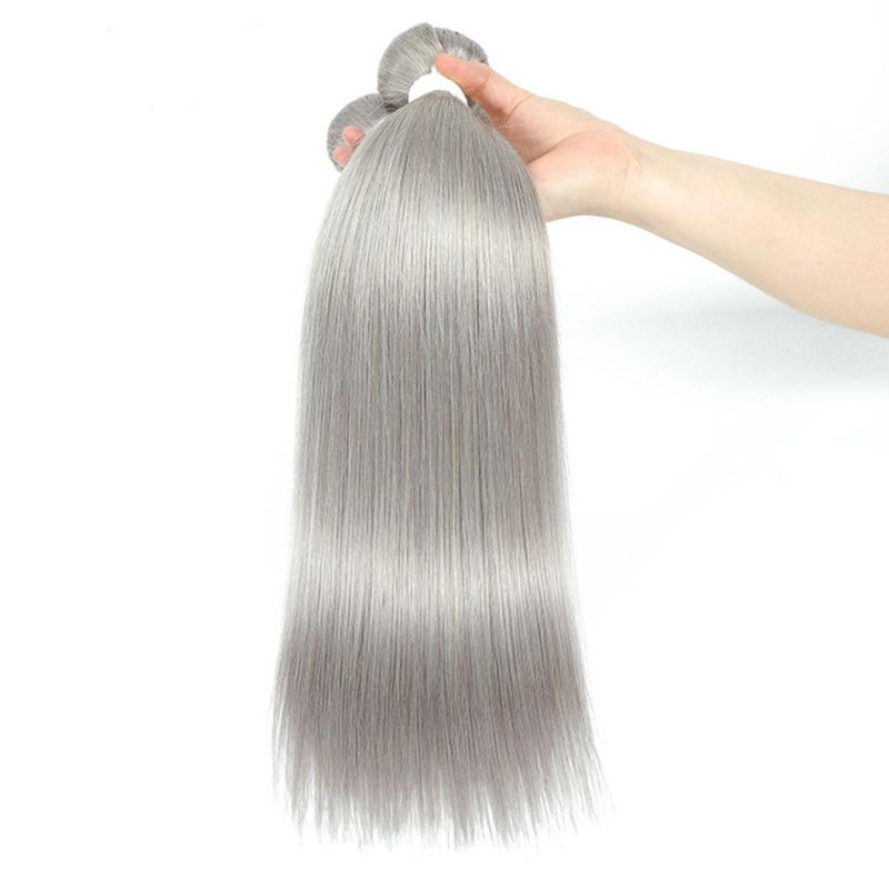 Brazilian Straight Bundle with Closure 4X4 Silver Grey Color Bundles with Closure Gray Non-Remy 100% Human Hair Bundles