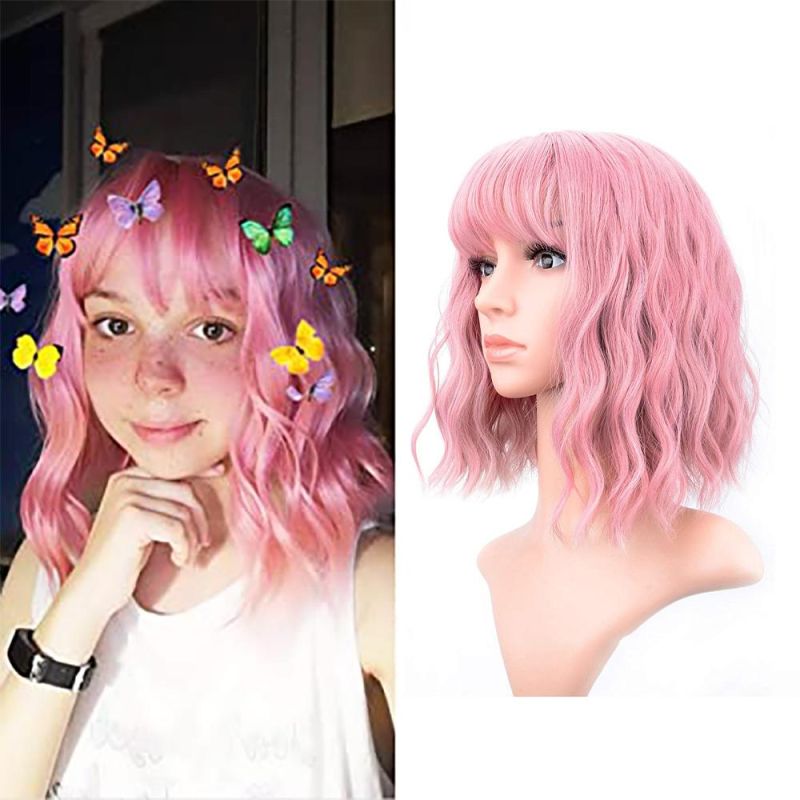 Hotselling Wholesale Pink Synthetic Wig Hair Bob Bang Wigs Pink Curly Cosplay