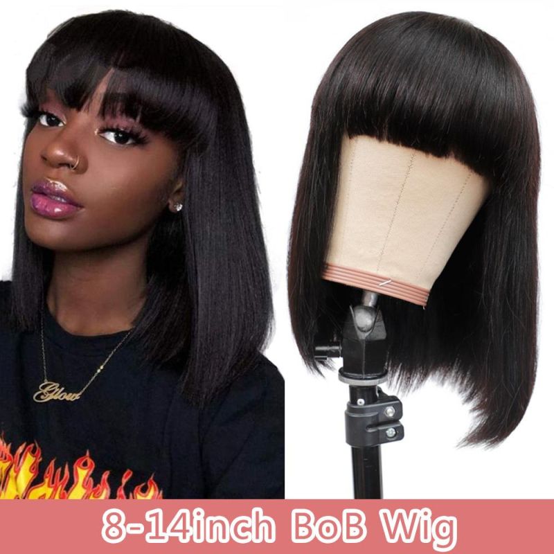 14inch Brazilian Straight Human Hair Bob Wigs with Bangs Non Lace Full Machine Made Human Hair Cheap Remy Wigs for Black Women