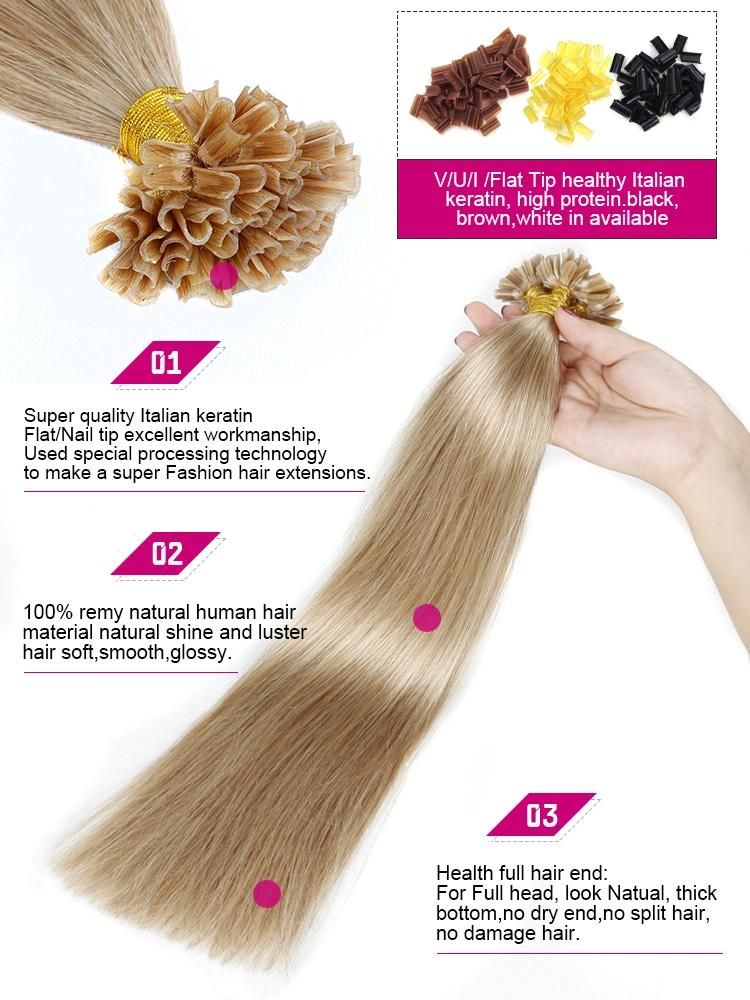 8"-30" Italian Keratin Nail Tip U Tip, Stick Tip, I Tip, Flat Tip Hair Extensions, 100 Indian Remy Human Hair Extension