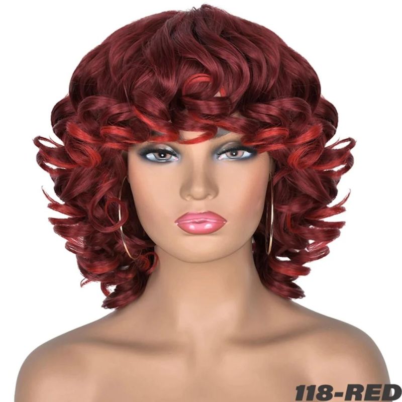 Wholesale Price Human Hair Short Hair Afro Curly Wig with Bangs Loose Fluffy Shoulder Length Natural Lace Front Brazilian Hair Wigs for Black Women 14 Inches