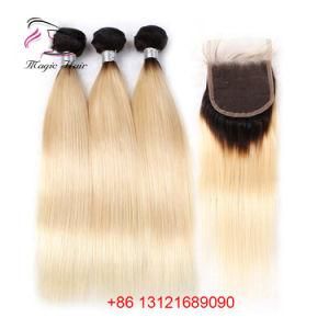 3 Bundles with Closure 2 Tone 1b 613 Blonde Brazilian Straight Remy Human Hair