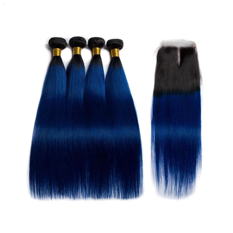 Straight Ombre Hair Bundles with Closure Blue Brazilian Human Hair Weave Bundles with Closure Remy Hair