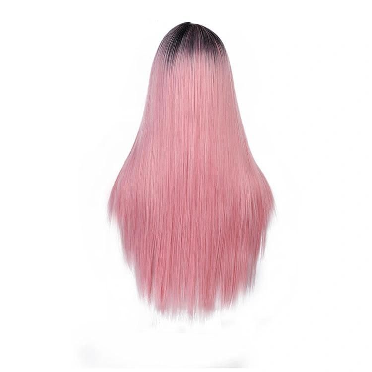 Wholesale Human Hair Ombre Pink Synthetic Long Lace Straight Wigs 26inch