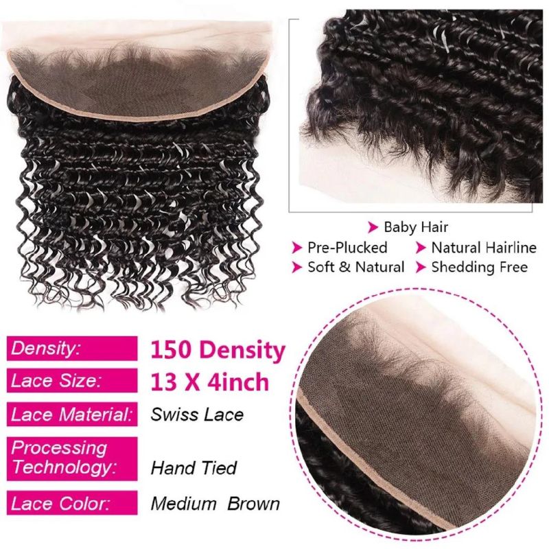 18inch Brazilian Deep Wave Lace Frontal Closure 13X4 Ear to Ear Free Part Swiss Lace Frontal 100% Unprocessed Brazilian Virgin Human Hair Natural Color