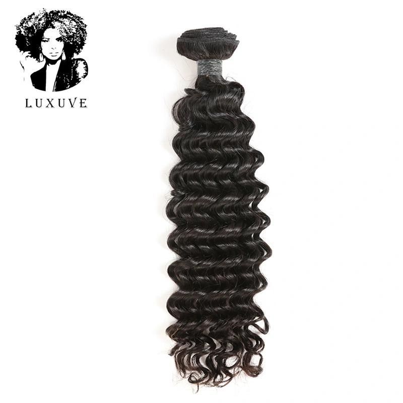 Luxuve 100% Pure Unprocessed Indian Virgin Human Hair Weaving Deep Wave Bundles Deals with Frontal Silk Base Lace Top Closure