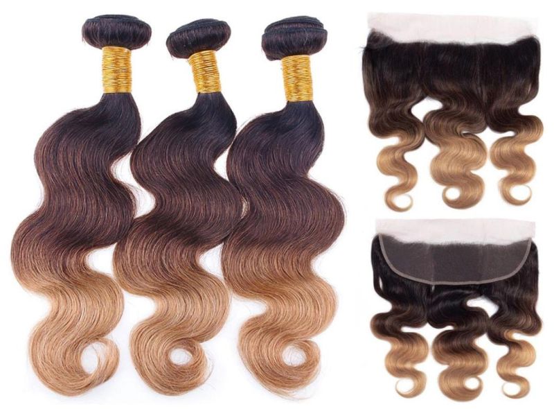 Brazilian Body Wave Human Hair Bundles with Lace Frontal Closure Ombre Brown 3 Tone 1b/4/27 Colored Human Hair Weave Bundle with Frontal Remy Hair Weaving