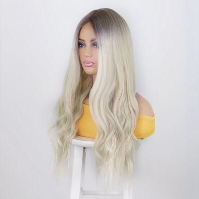 24inch Ombre Grey Synthetic Long Lace Body Wavy Wigs Pre-Bonded Hair Extension