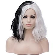 Aicos White/ Black 35cm Short Curly Halloween Party Anime Cosplay Wig for Women, Heat Resistant Full Wig +Cap