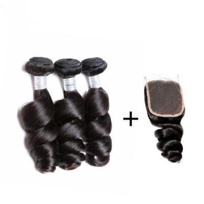 Kbeth 100% Human Weave Loose Wave Hair Bundles with 4X4 Lace Closure Hair Bundle with Closure a Set From China Factory