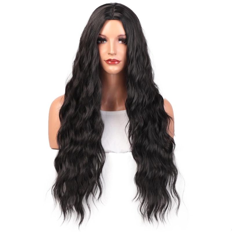Kaki Hair 24inch Long Water Wavy Black Wigs Synthetic Wig for Women Natural Middle Part Heat Resistant Hair